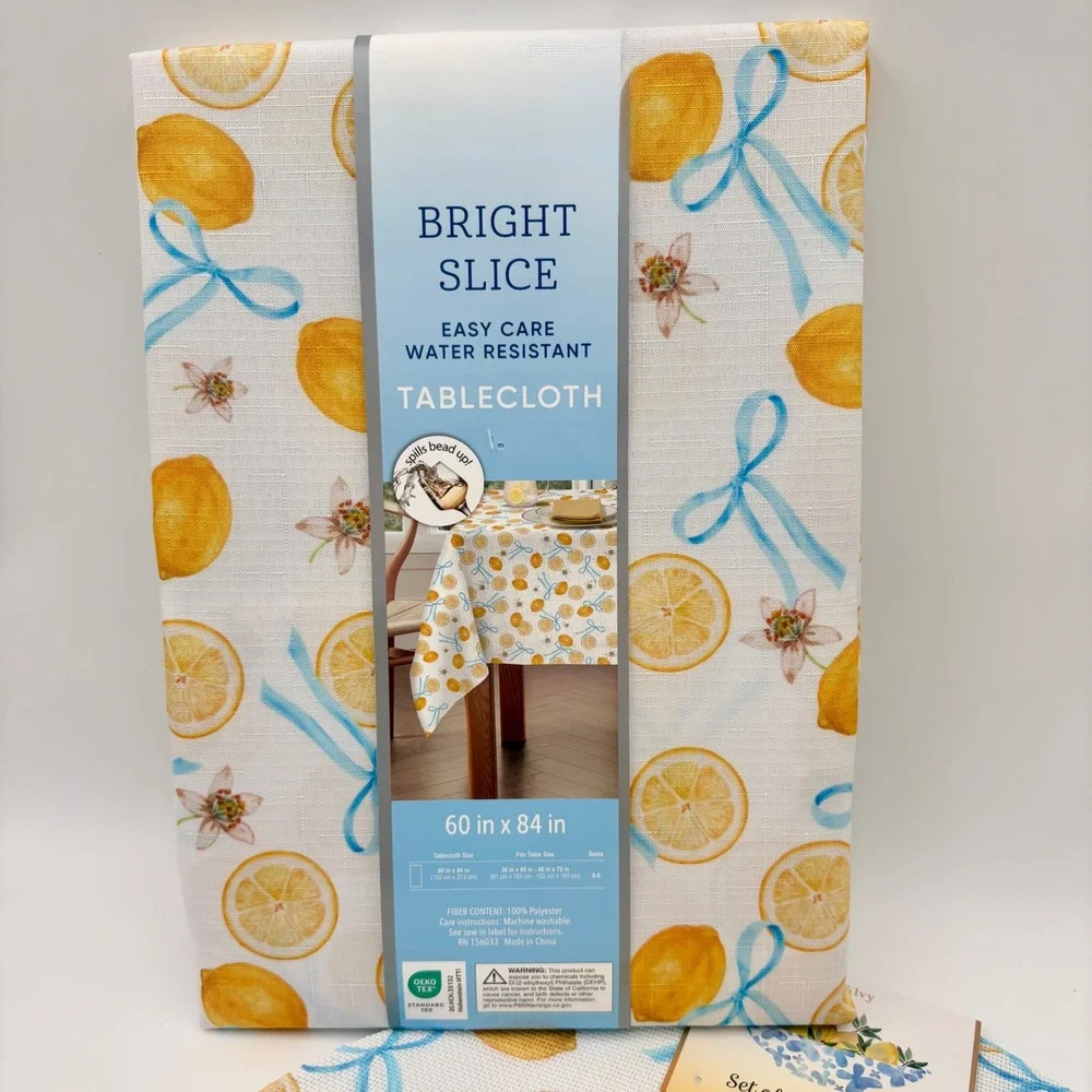 Bright Slice Lemon Tablecloth 60x84 & Mint Ivy‎ 6 Placemats Set Blue Bow Citrus